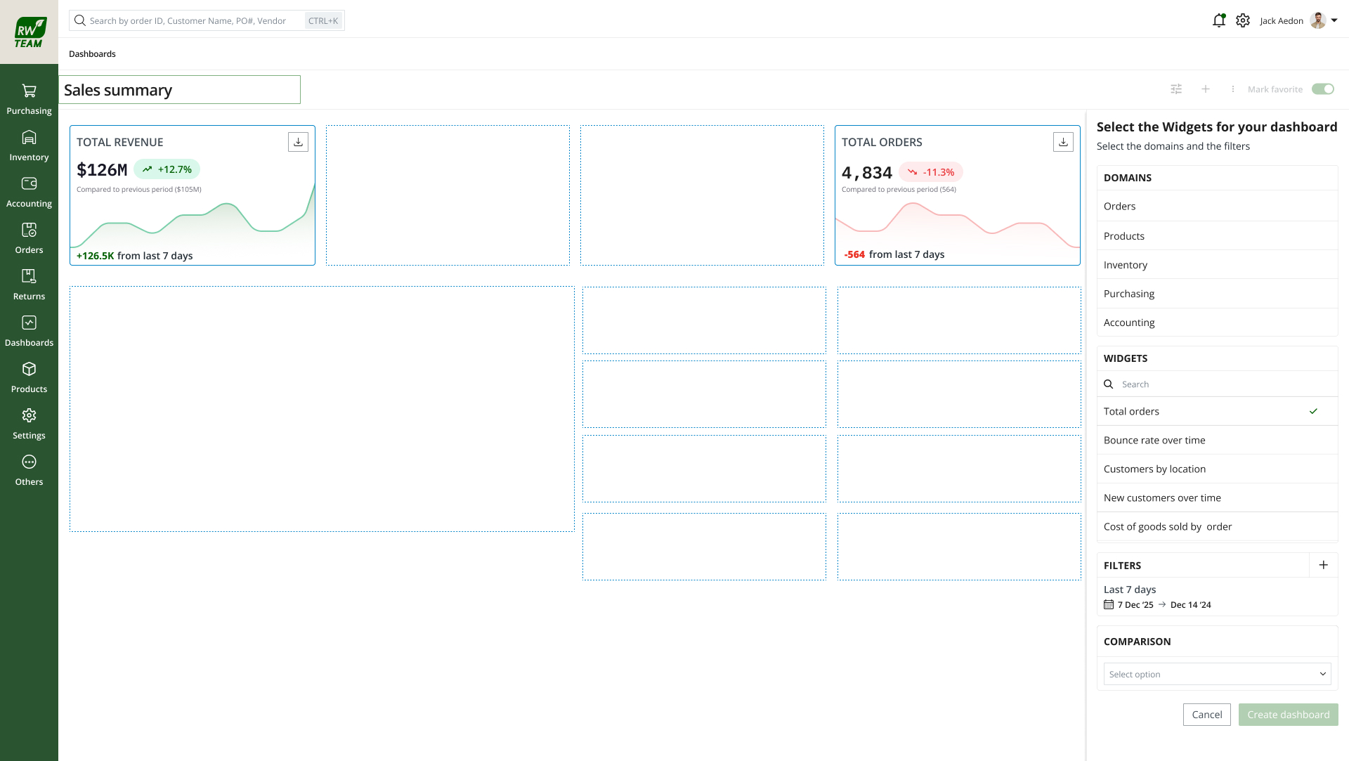 Sales reporting dashboard with seven-day date range applied