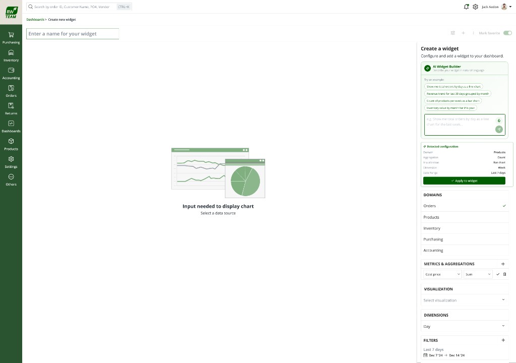 AI widget builder — detected configuration parsed from a natural-language request