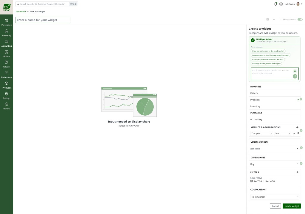 AI widget builder — configuration fields populated in the sidebar