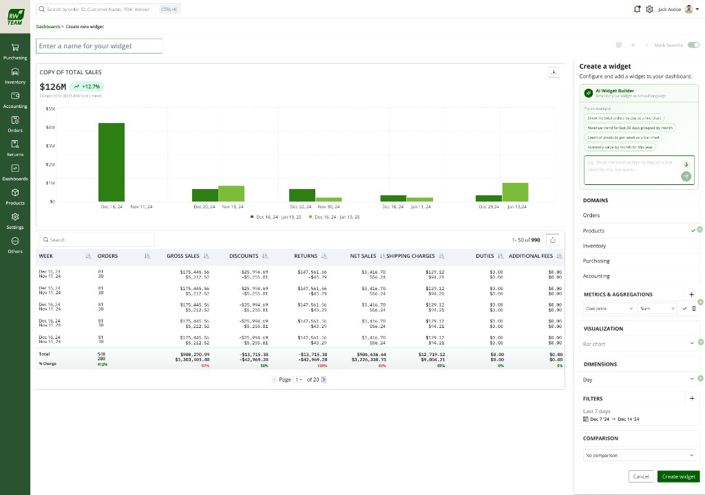 AI widget builder — chart preview and data table before save